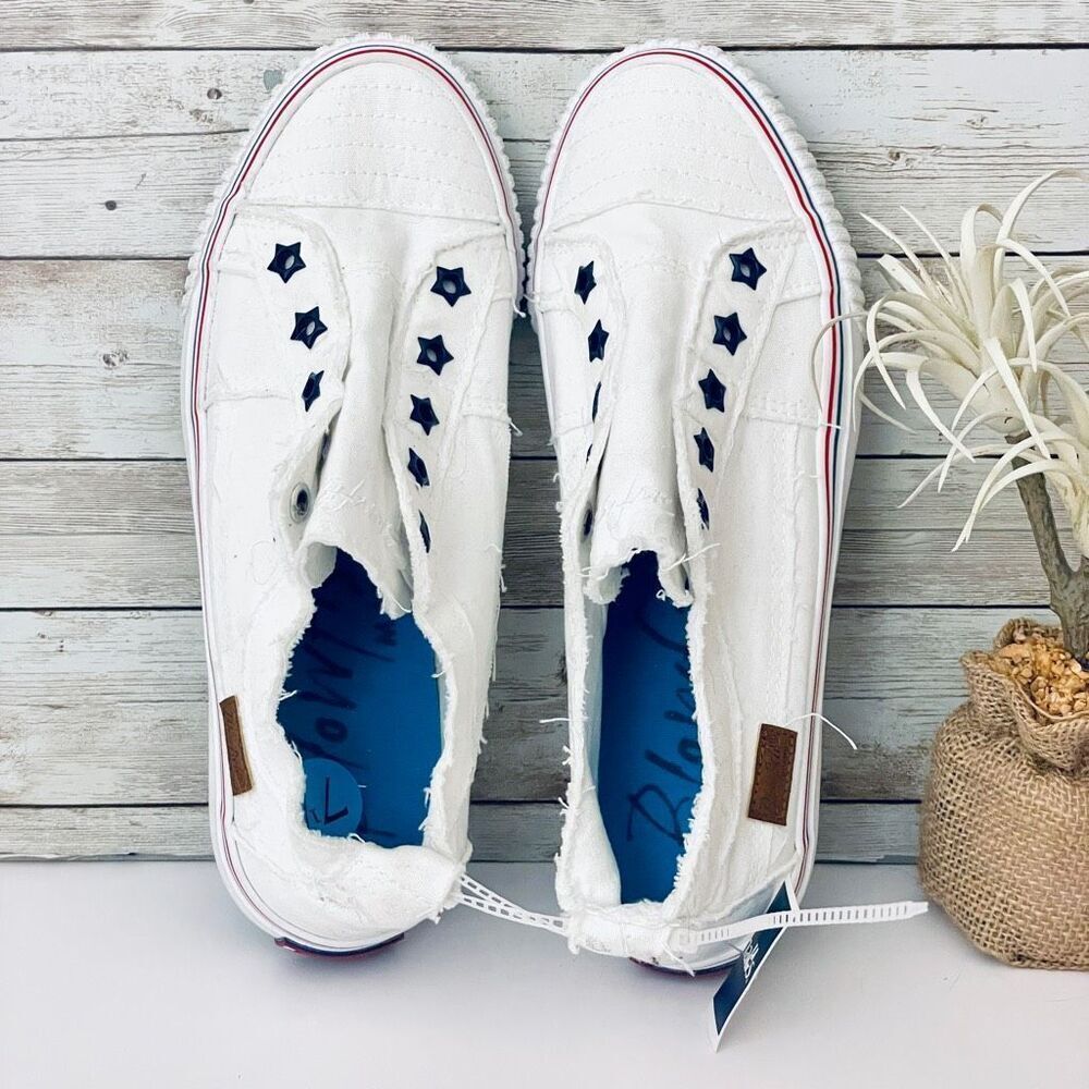 White Slip-On Women's Canvas Sneakers with Navy Star Eyelets